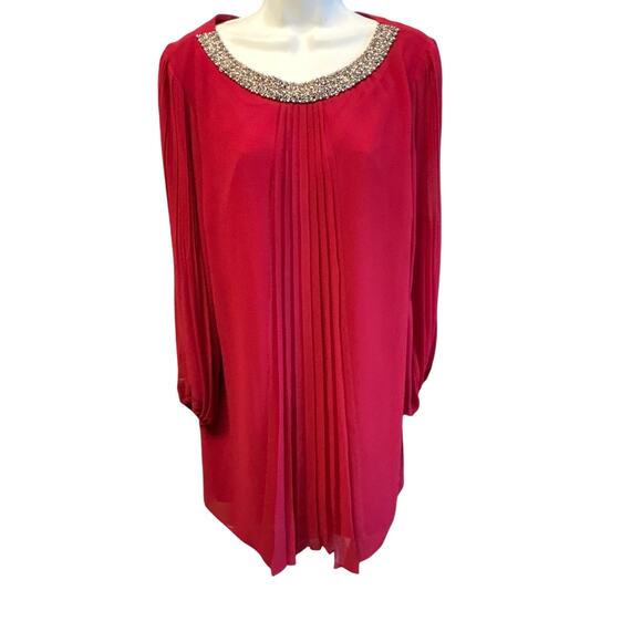 Marc New York Red Chiffon Jeweled Neck Bell Sleeve Cocktail Holiday Dress 12 - Picture 3 of 7